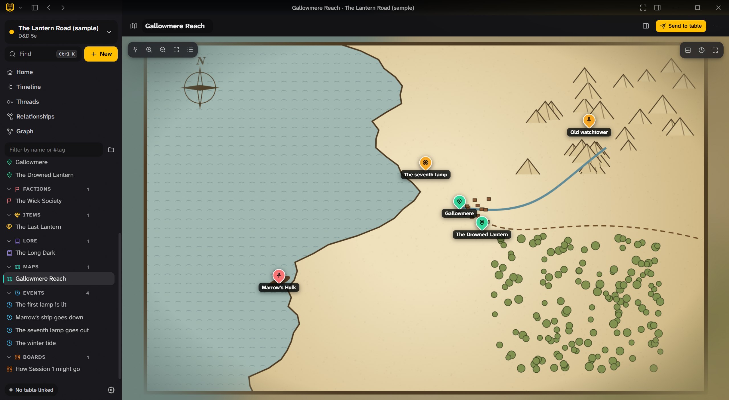 The Gallowmere Reach map with pins for the town, the tavern, a shipwreck and an old watchtower