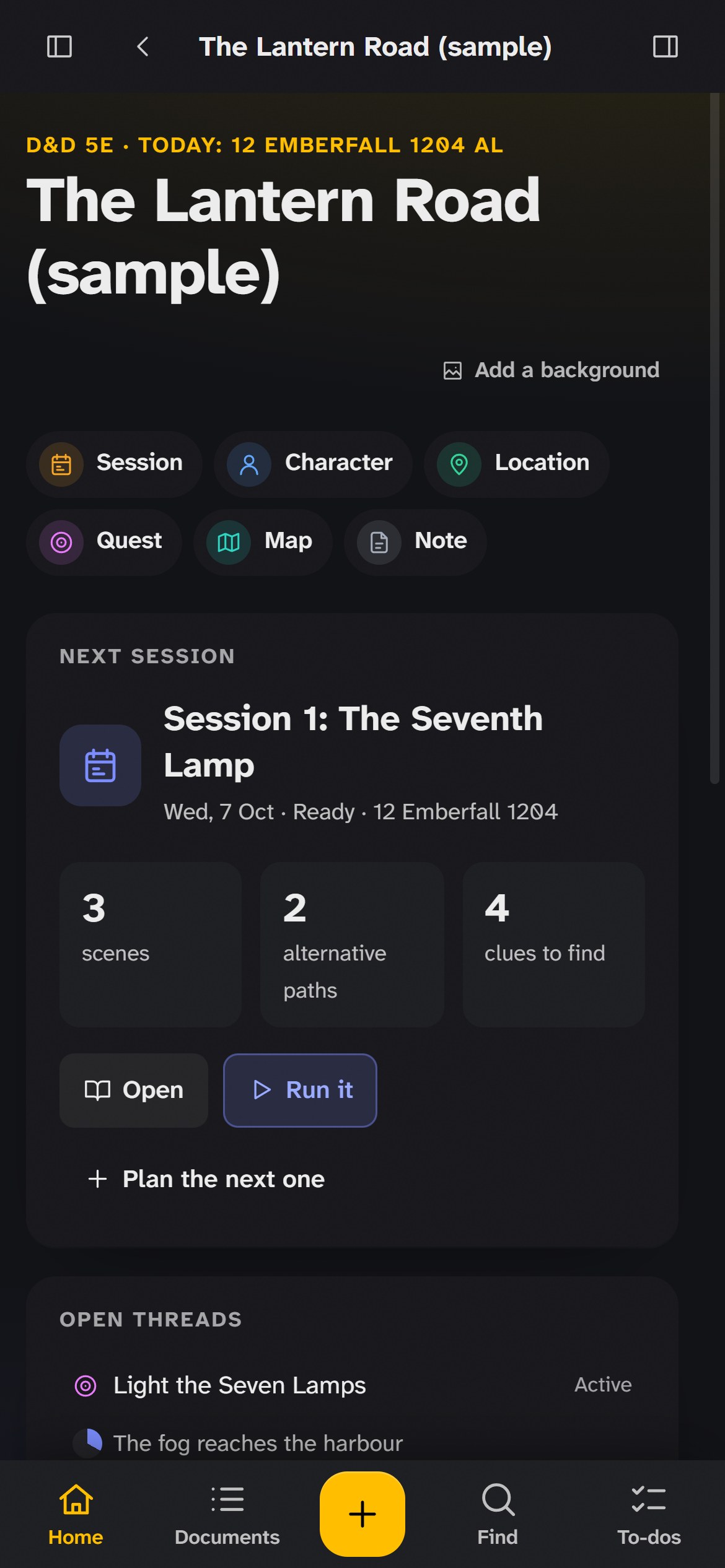 Critter Notes on a phone: the home page of The Lantern Road with the next session, its scenes, paths and clues, the open threads, and the sections along the bottom