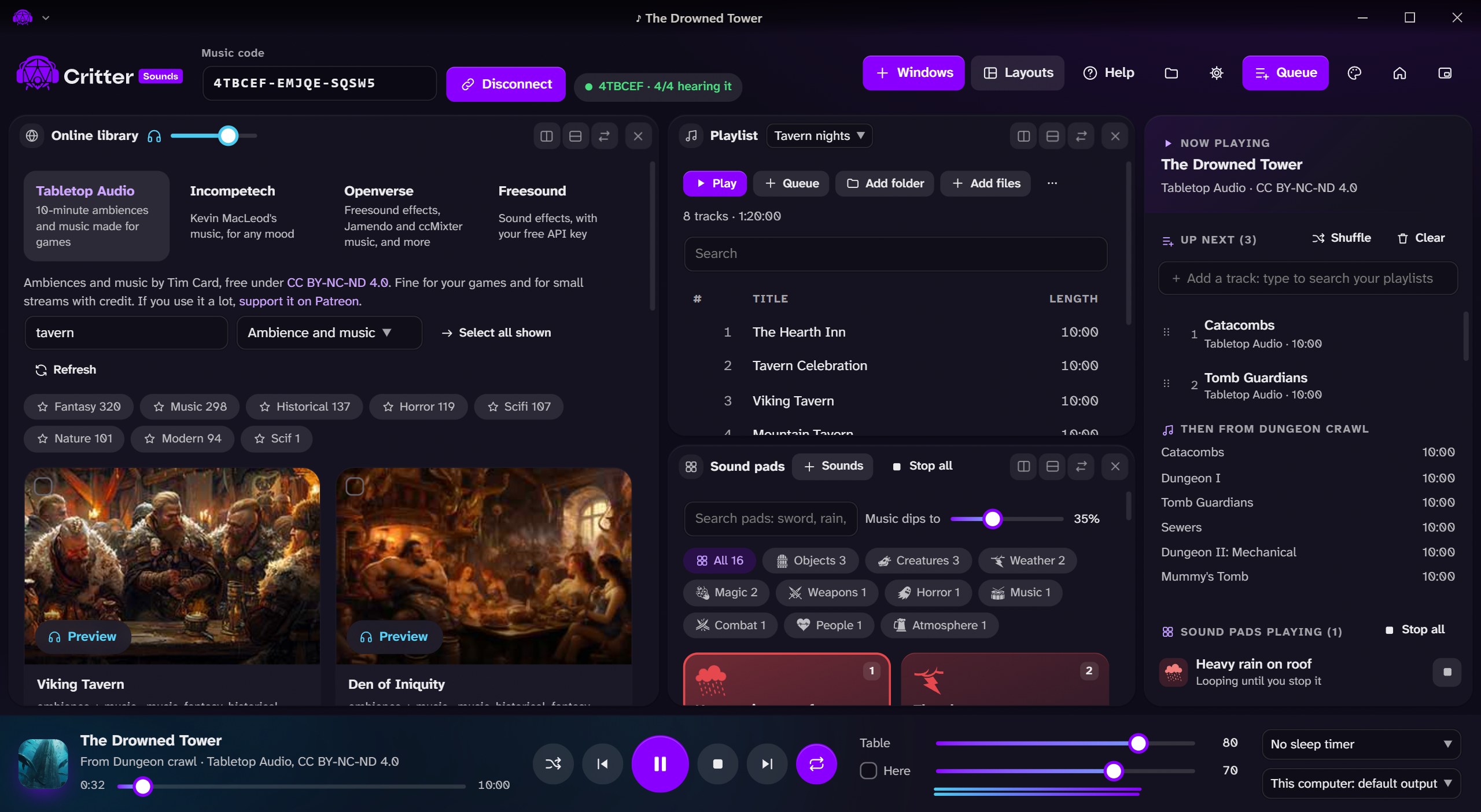 The online library searching Tabletop Audio for tavern ambiences, beside the playlist and sound pads