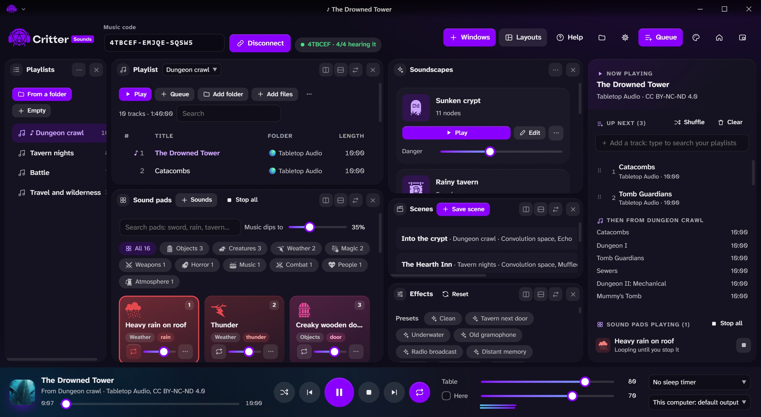 Critter Sounds connected to a table, playing The Drowned Tower with the Cave effect, with playlists, sound pads, soundscapes, scenes and the queue