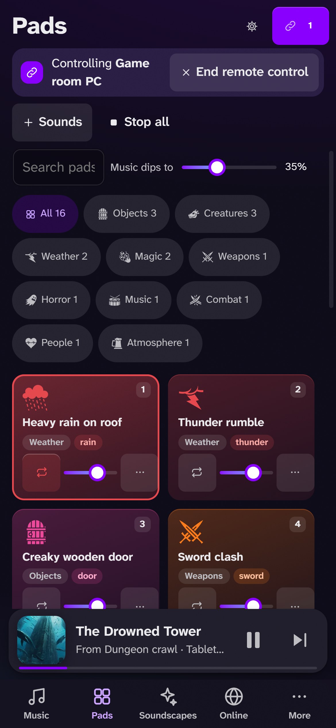 A phone controlling Critter Sounds on the Game room PC: the sound pads, with Heavy rain on roof playing and The Drowned Tower in the mini player