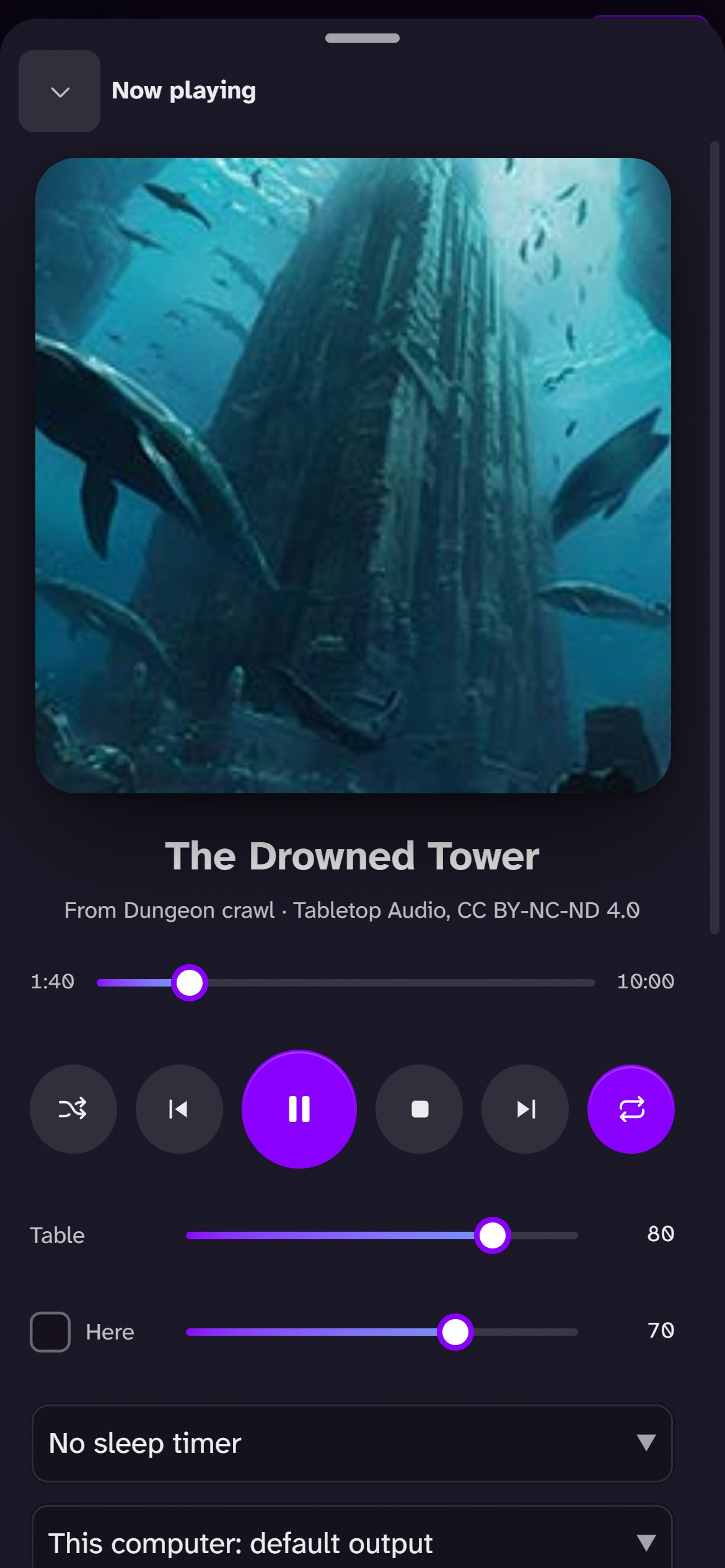 Critter Sounds on a phone: Now playing shows The Drowned Tower from the Dungeon crawl playlist, with its cover art, the position, the play controls and the volumes