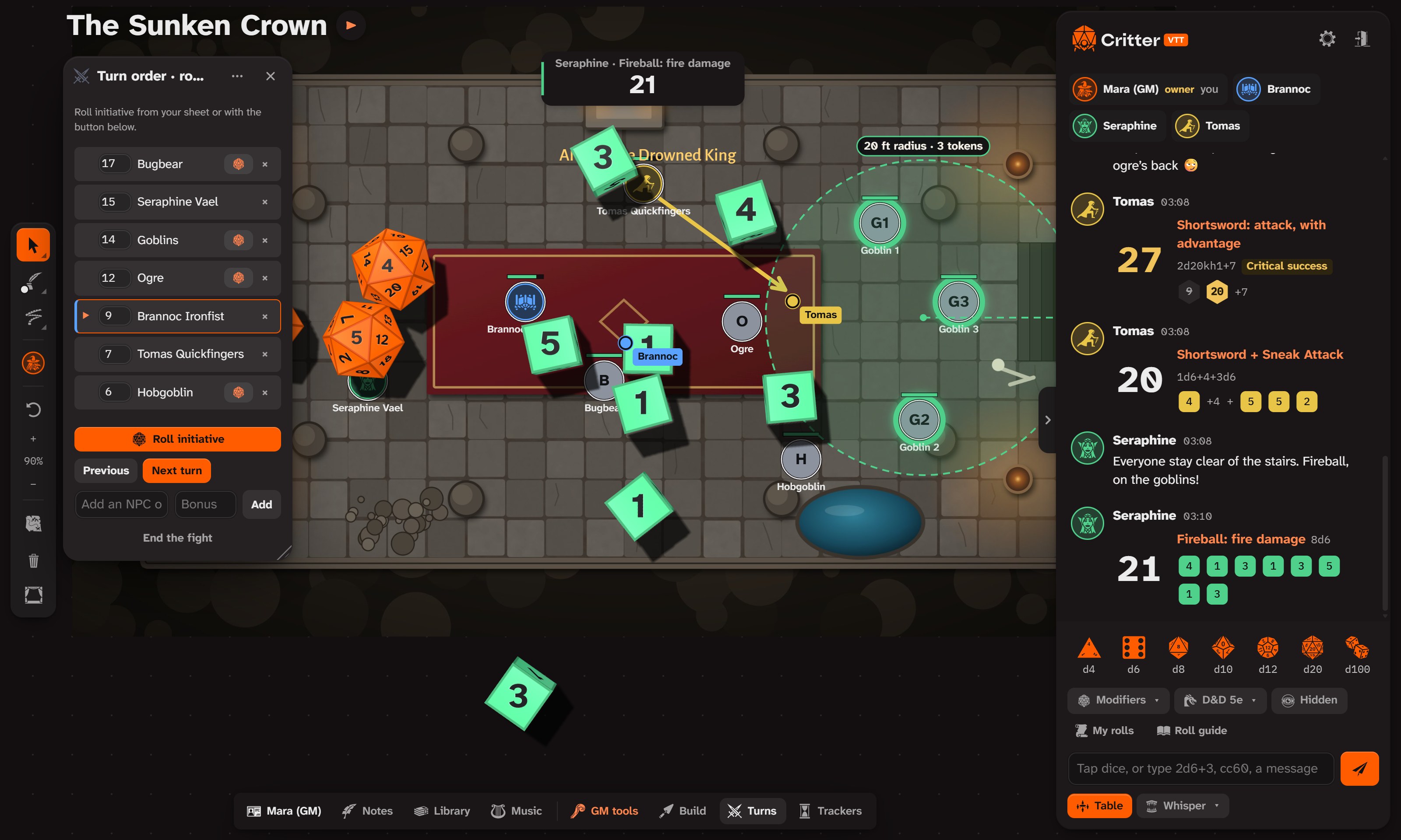 A battle in Critter VTT: the dungeon map with character and monster tokens, a fireball measured over three goblins, 3D dice rolling, the turn order and a busy chat