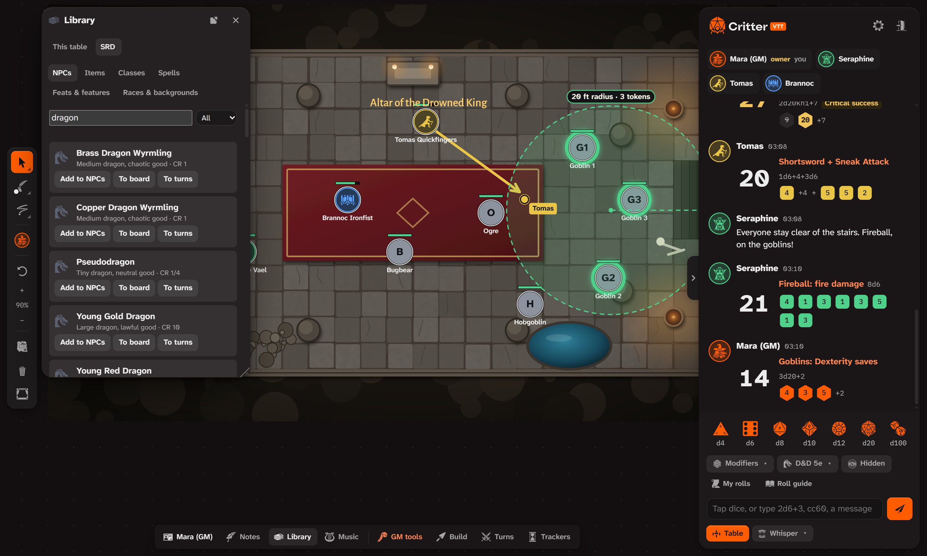 The Library window searching the D&D 5e compendium for dragons, beside the battle map