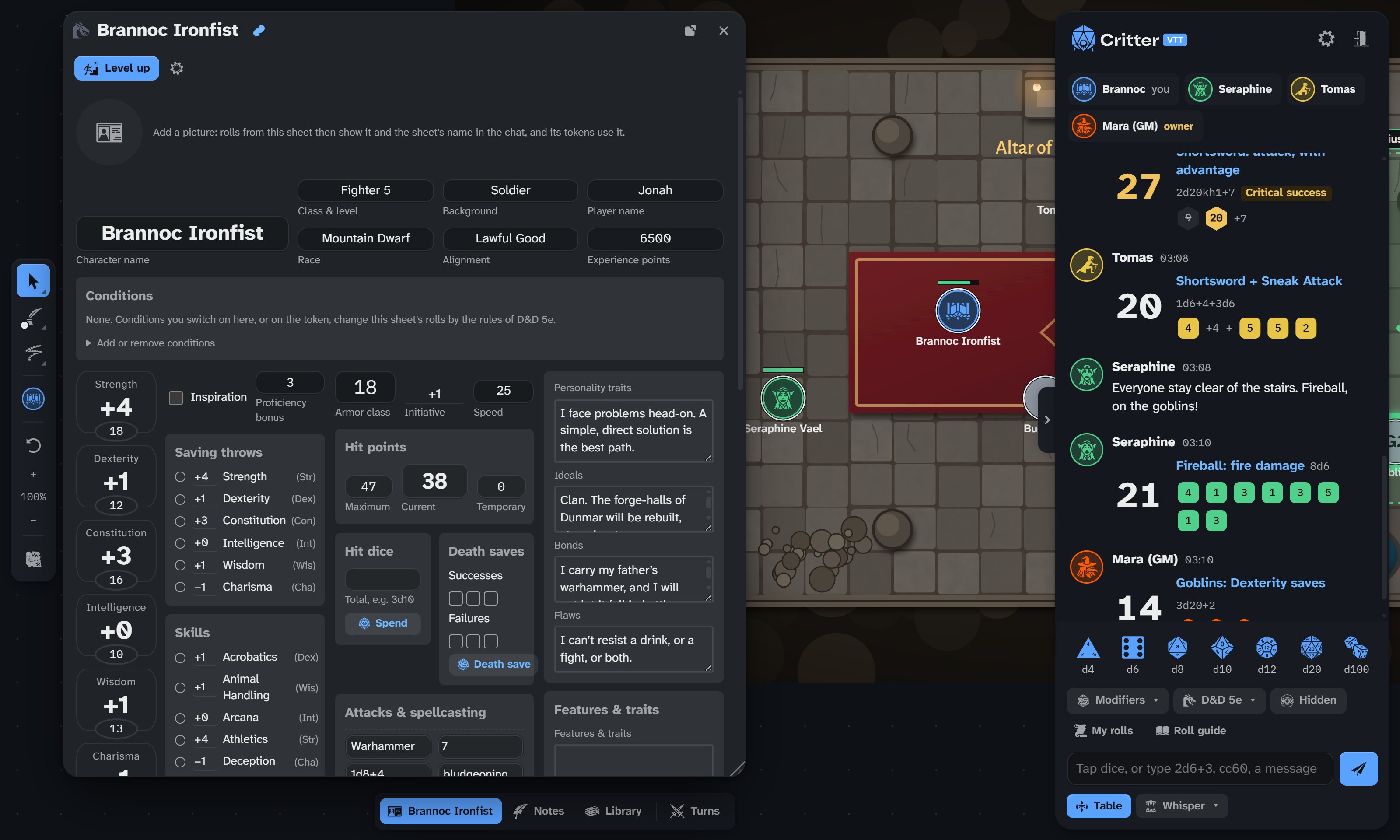 Brannoc Ironfist’s D&D 5e character sheet open beside the board and the chat
